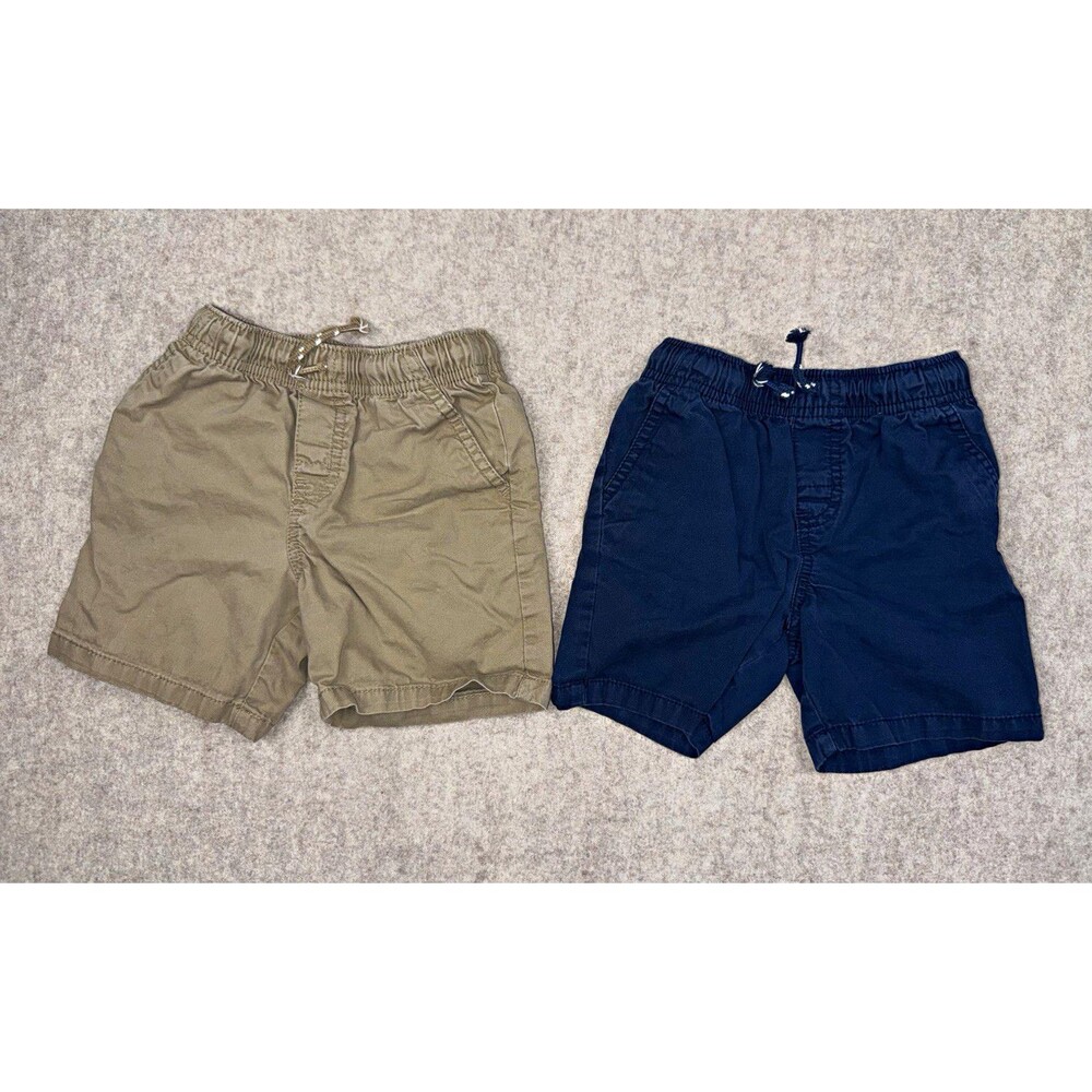 Cat & Jack Boys 3T Khaki Blue Chino Shorts Elastic Waist Pockets Lot Of 2